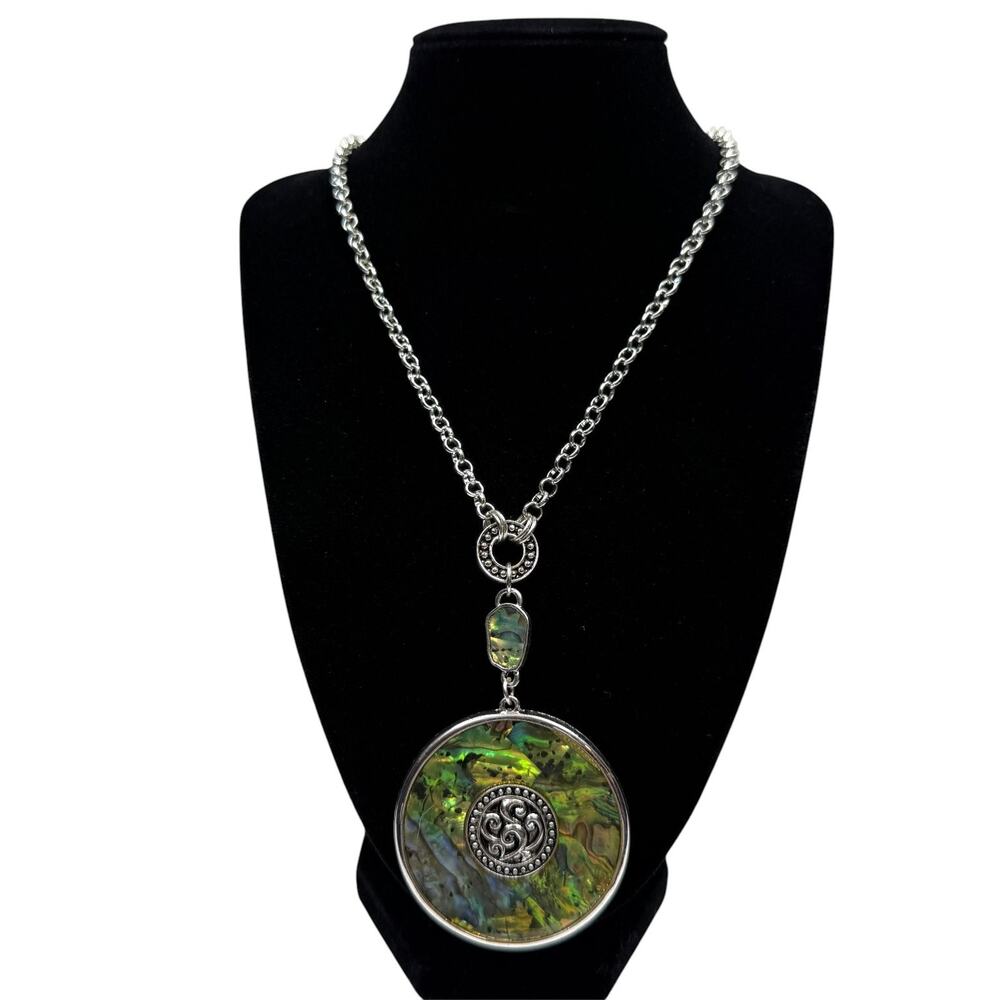 Large Abalone Shell Pendant Necklace Silver Tone Chain Iridescent Green Blue 17"